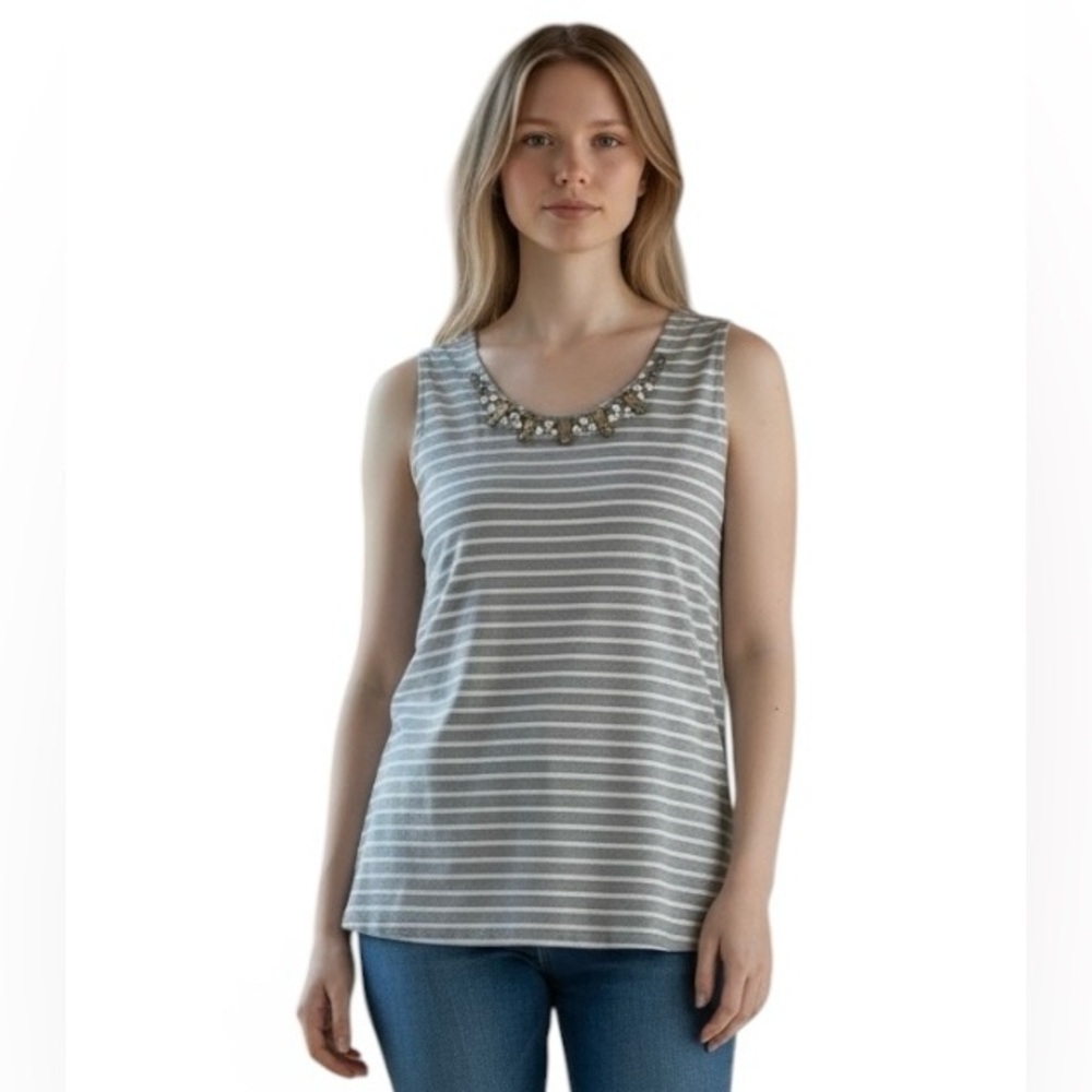 J. Crew Gray White Striped sleeveless Tank Top Embellished beaded Neckline sz xs